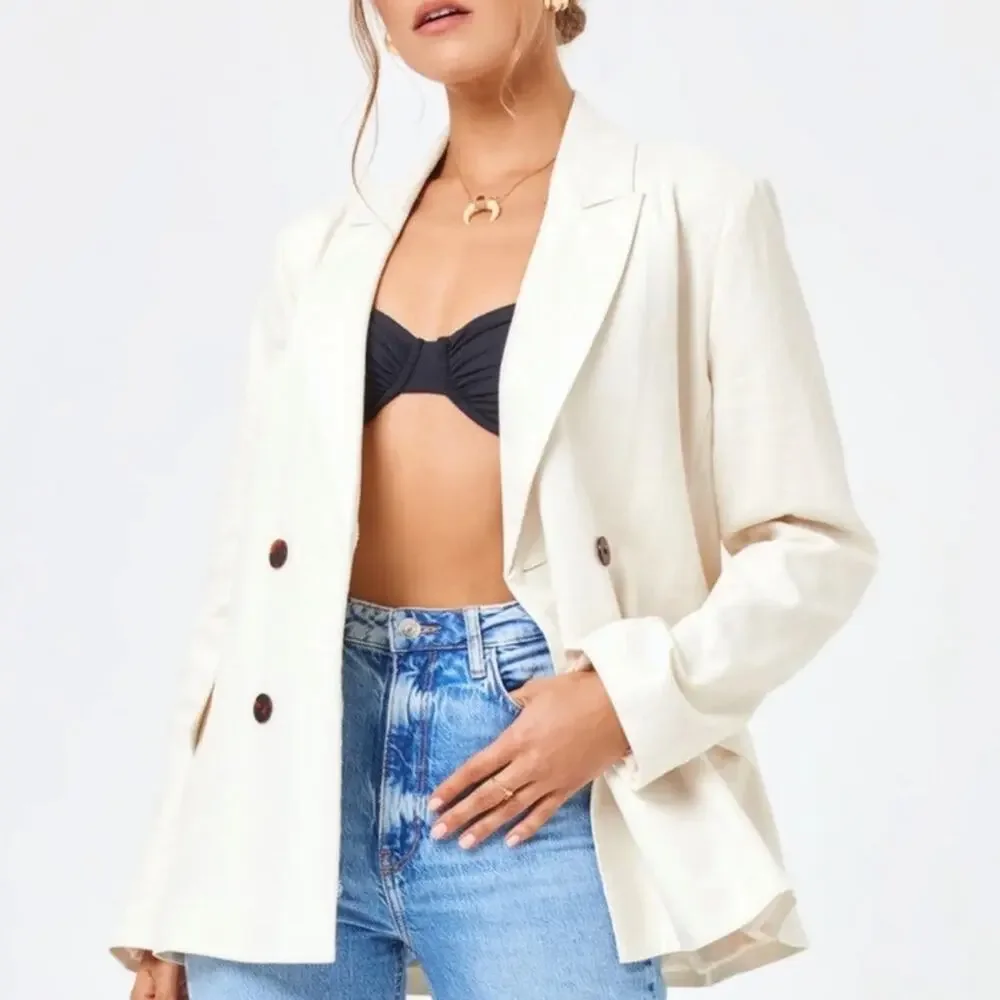 L*Space Women’s Rhodes White Cream Linen Cotton Double Breasted Long Blazer S